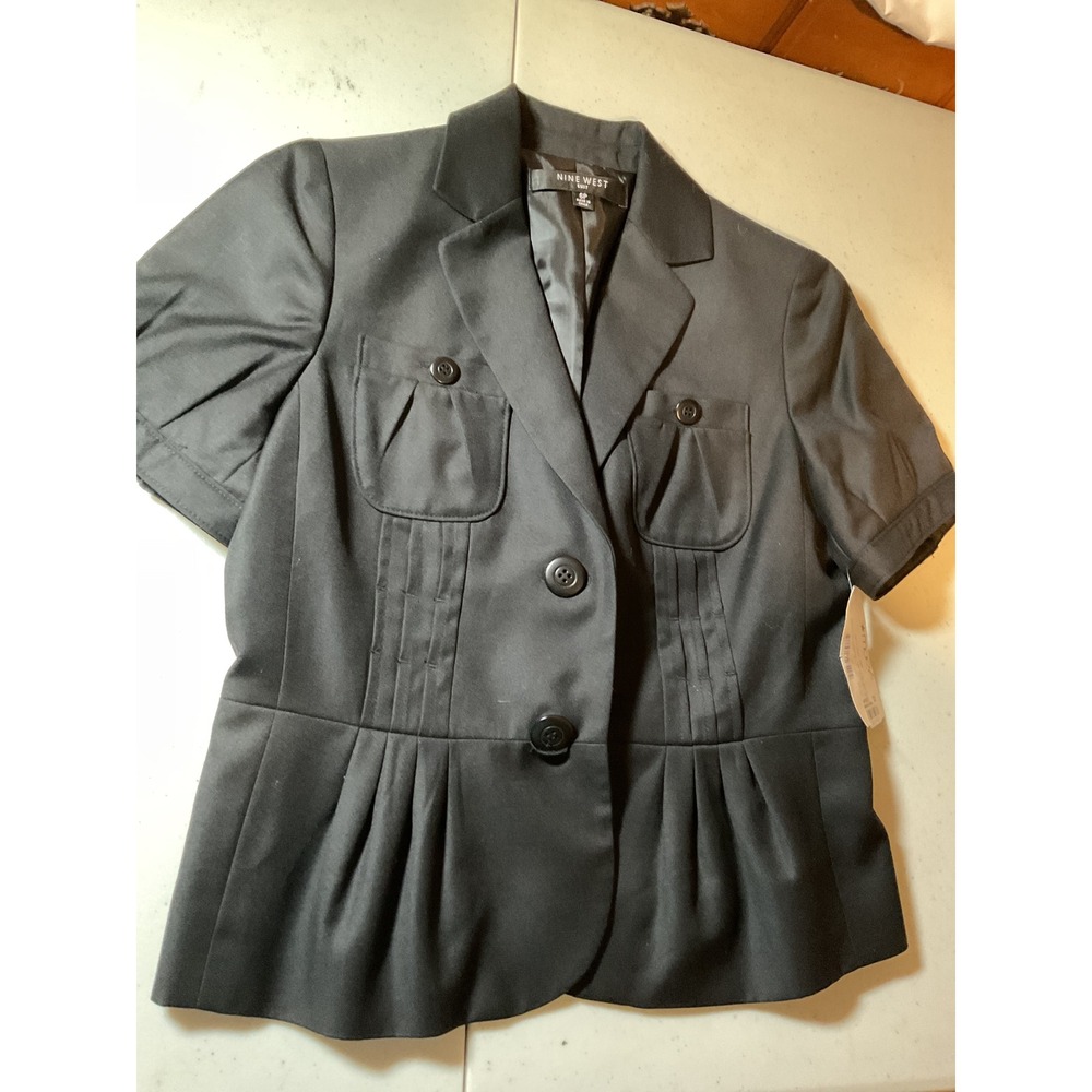 Nine West Suit Womens 6P Black Short Sleeve Peplum Blazer‎ Jacket Pleated 50037